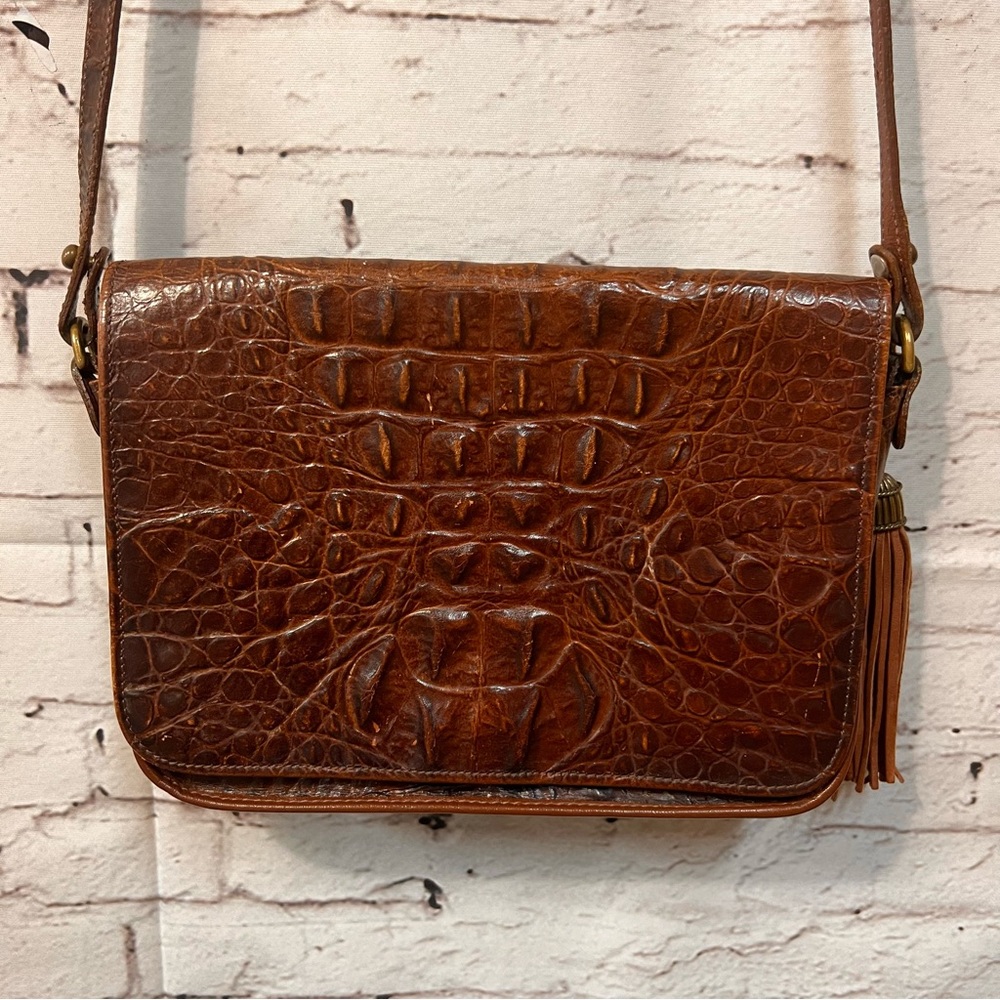Vintage Brahmin Embossed Croc Leather Brown Shoulder Bag Purse Tassel Made USA